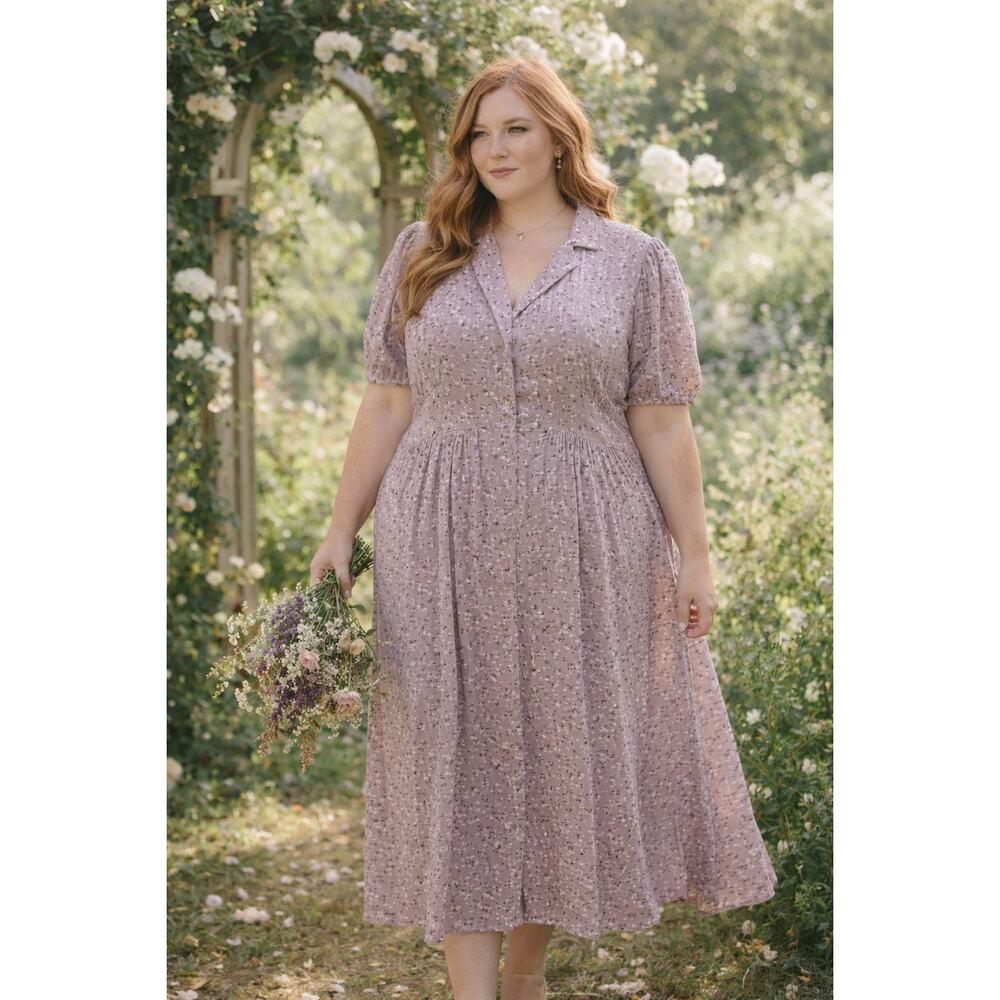 Lavender Floral Button-Front Midi Dress with Collar